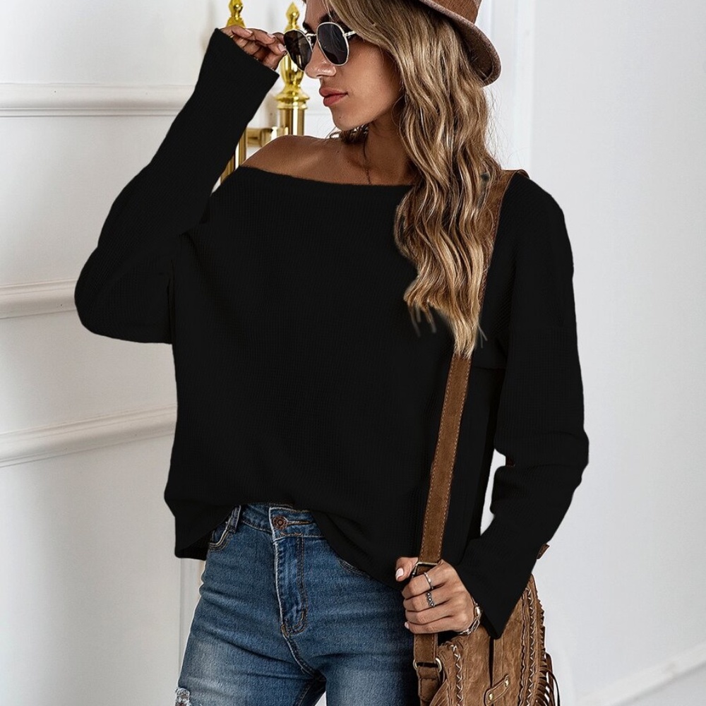 burgundy oversized off shoulder waffle knit top - Picture 15 of 15
